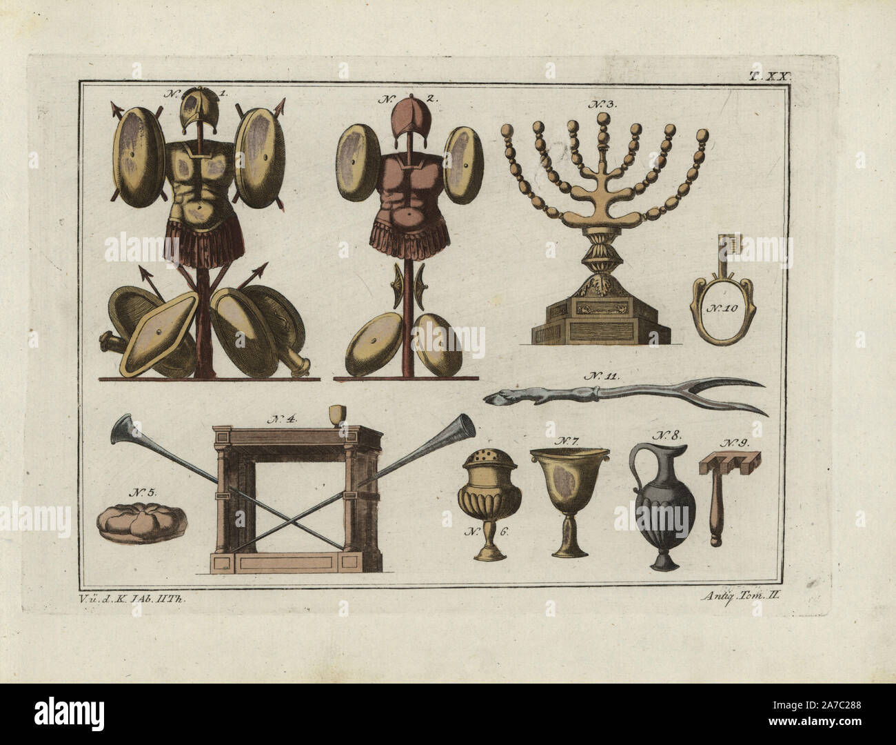Hebrew helmets, chandelier, table, bread, vases, keys and antique fork. Handcoloured copperplate engraving from Robert von Spalart's 'Historical Picture of the Costumes of the Principal People of Antiquity and of the Middle Ages,' Chez Collignon, Metz, 1810. Stock Photo