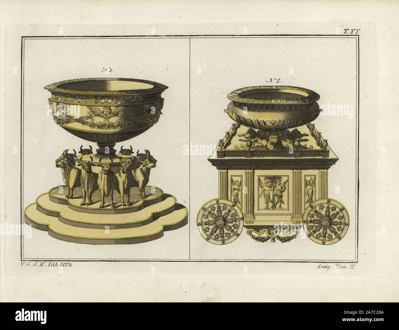 Molten sea from the Temple of Solomon, and lavoir (washing basin) of the Hebrews. Handcoloured copperplate engraving from Robert von Spalart's 'Historical Picture of the Costumes of the Principal People of Antiquity and of the Middle Ages,' Chez Collignon, Metz, 1810. Stock Photo
