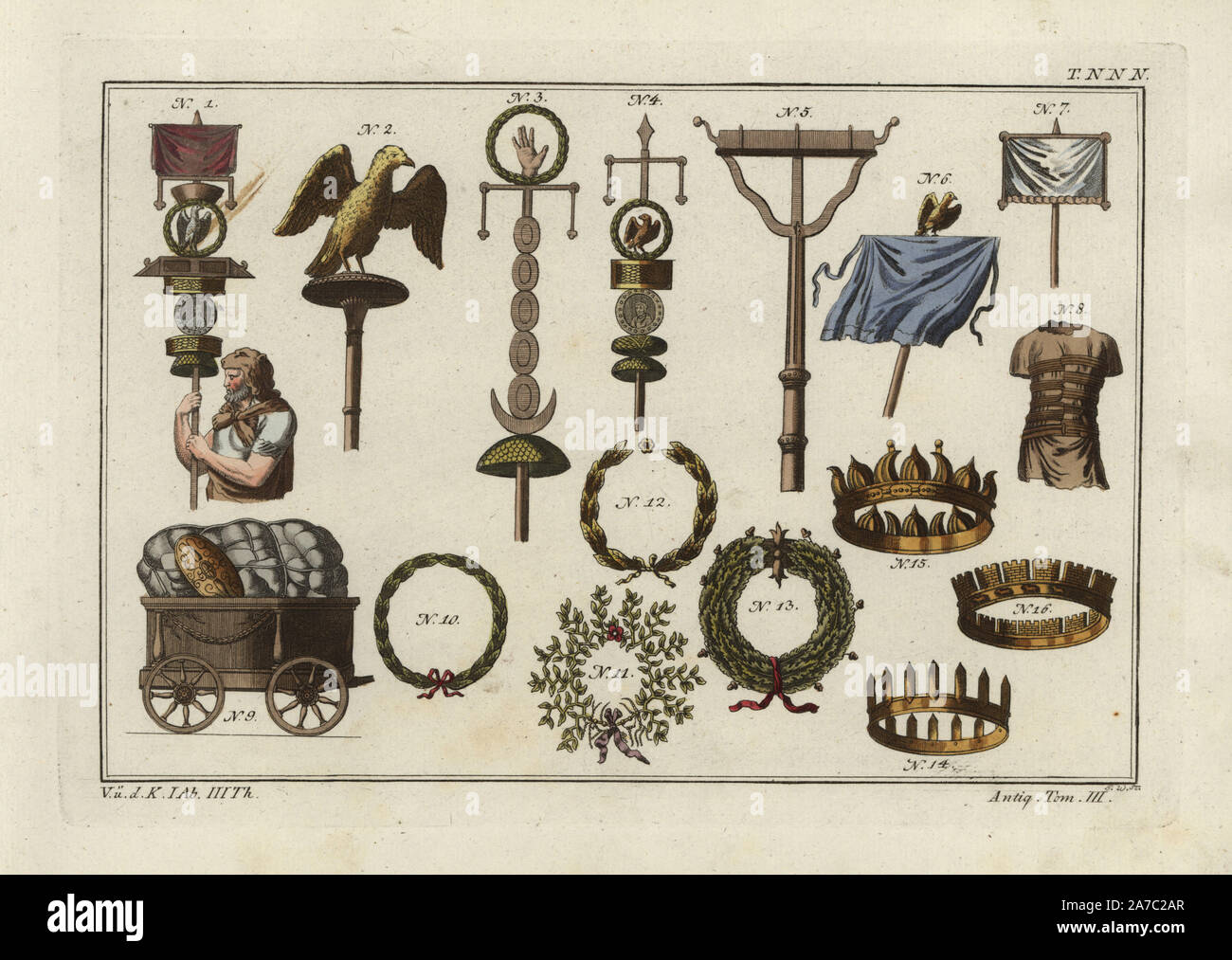Roman ensigns, costume of Roman cart driver, Roman baggage chariot. Crowns:  victor, civic, obsidian, barracks, naval and mural. Handcoloured  copperplate engraving by Paul Weindl from Robert von Spalart's "Historical  Picture of the
