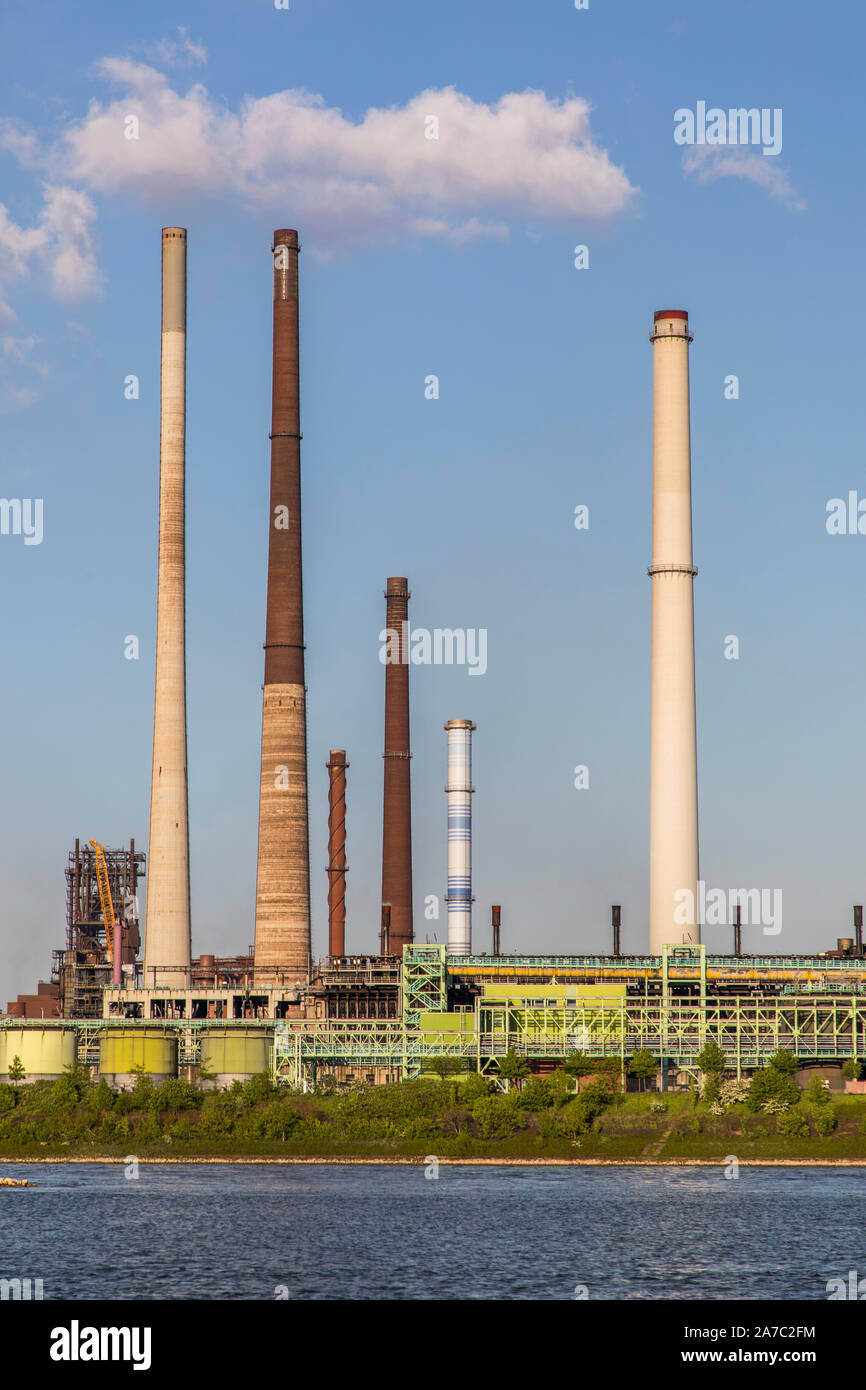 ThyssenKrupp steel mill in Duisburg-Marxloh, Schwelgern coking plant, chimney of the sintering plant, in a row, Stock Photo