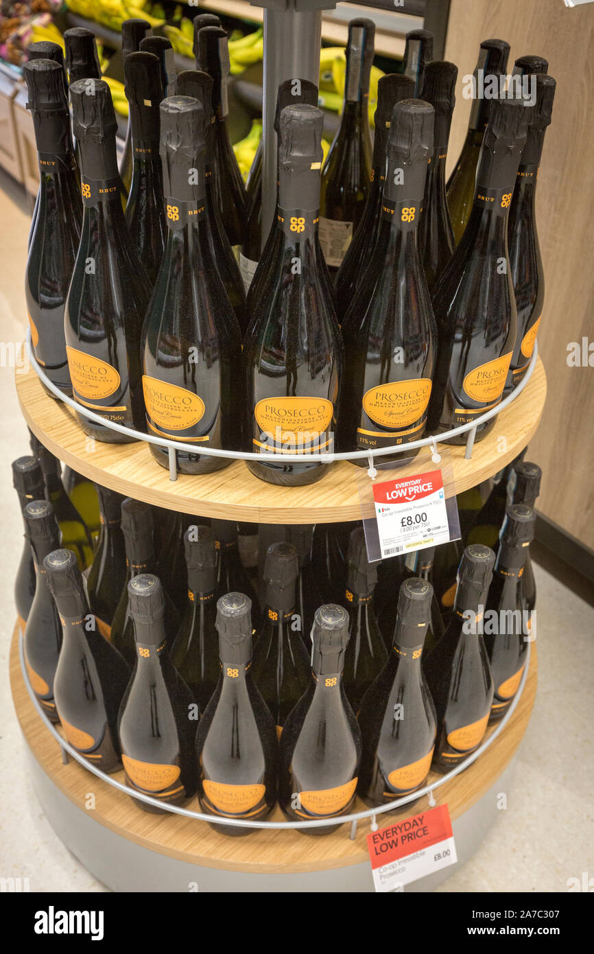 Pictures at a Co-Op food store. Prosecco on display Stock Photo