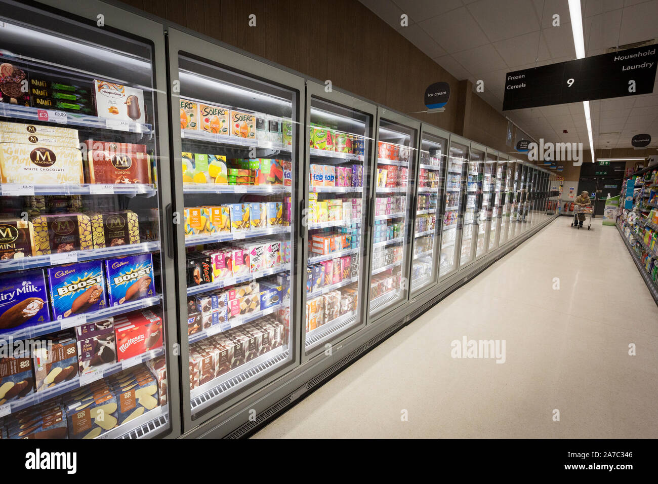 Pictures at a Co-Op food store. Freezer cabinets Stock Photo