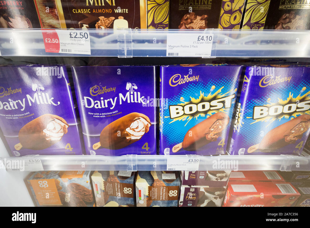 Pictures at a Co-Op food store . Cadbury ice cream in freezer cabinets Stock Photo