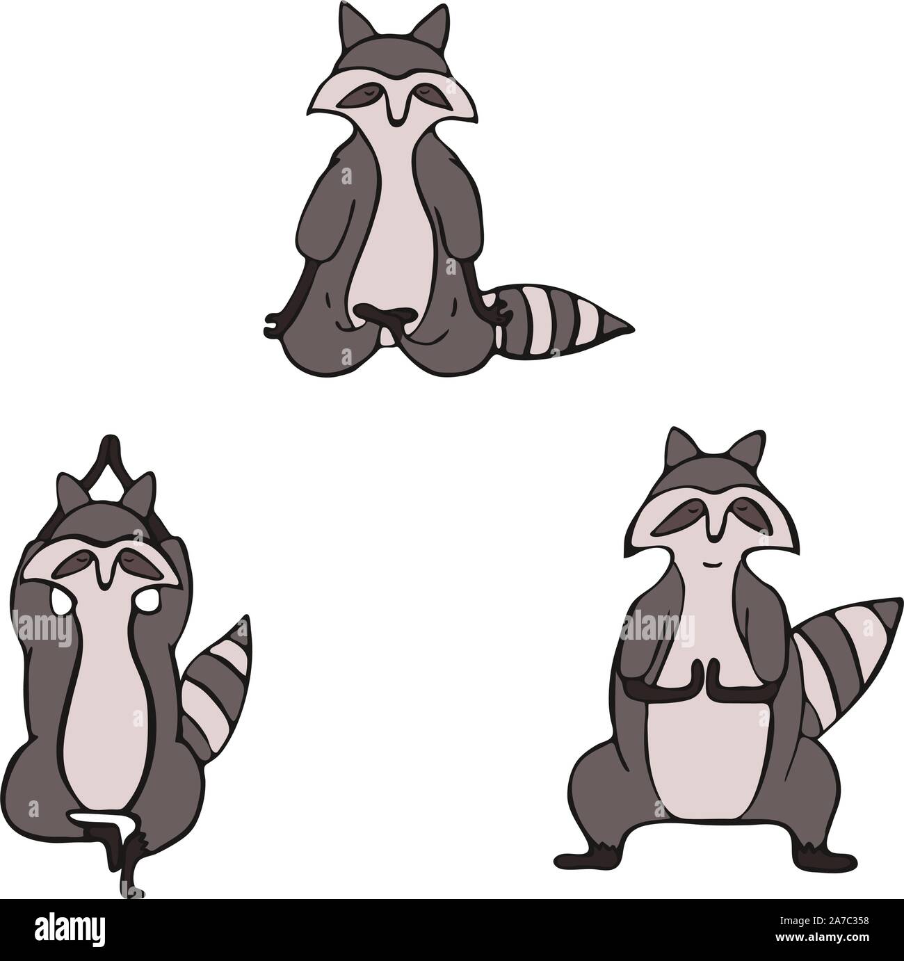 Hand drawn raccoon do yoga. Asana set. Cute wildlife animal character do fitness. Isolated vector design. Stock Vector