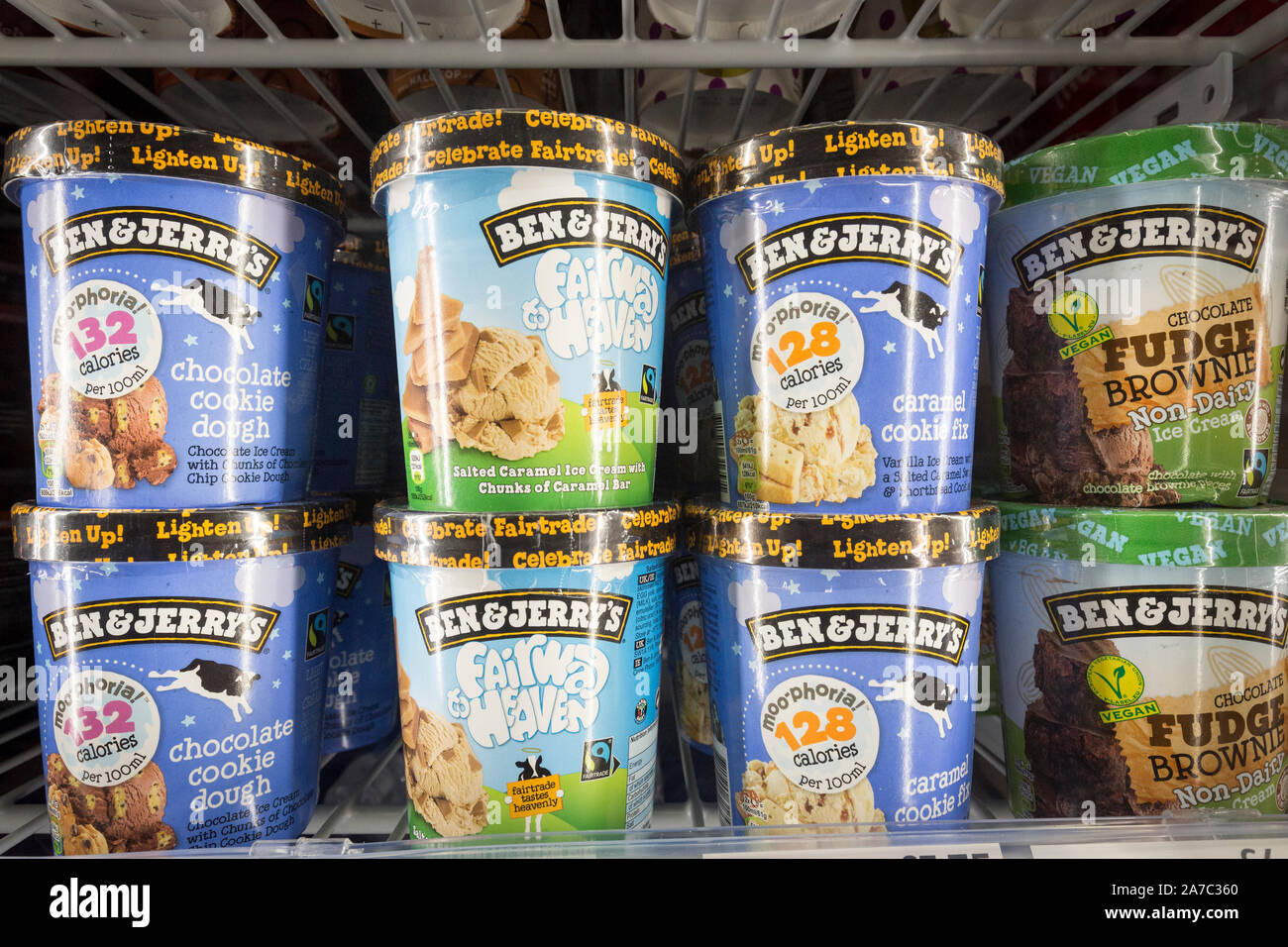 Pictures at a Co-Op food store. Ben & Jerry's ice cream in freezer cabinet Stock Photo