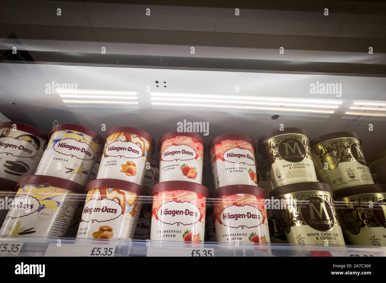 Pictures at a Co-Op food store. Haagen-Dazs ice cream. Stock Photo