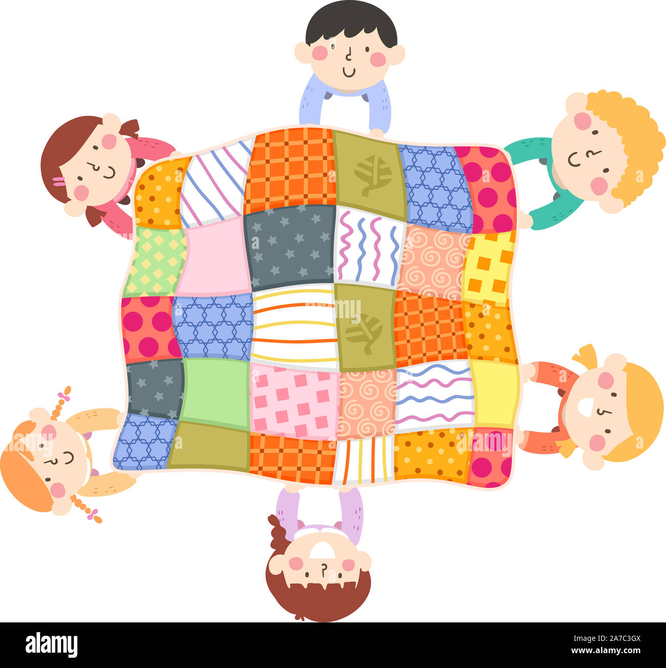 Illustration of Kids Holding a Big Quilt They Made and Looking Up Stock