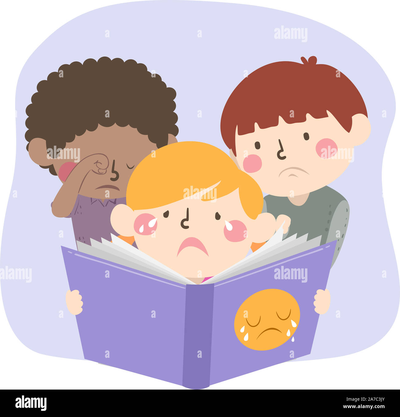 Illustration of Kids Feeling Sad and Reading a Sad Story Book Stock Photo