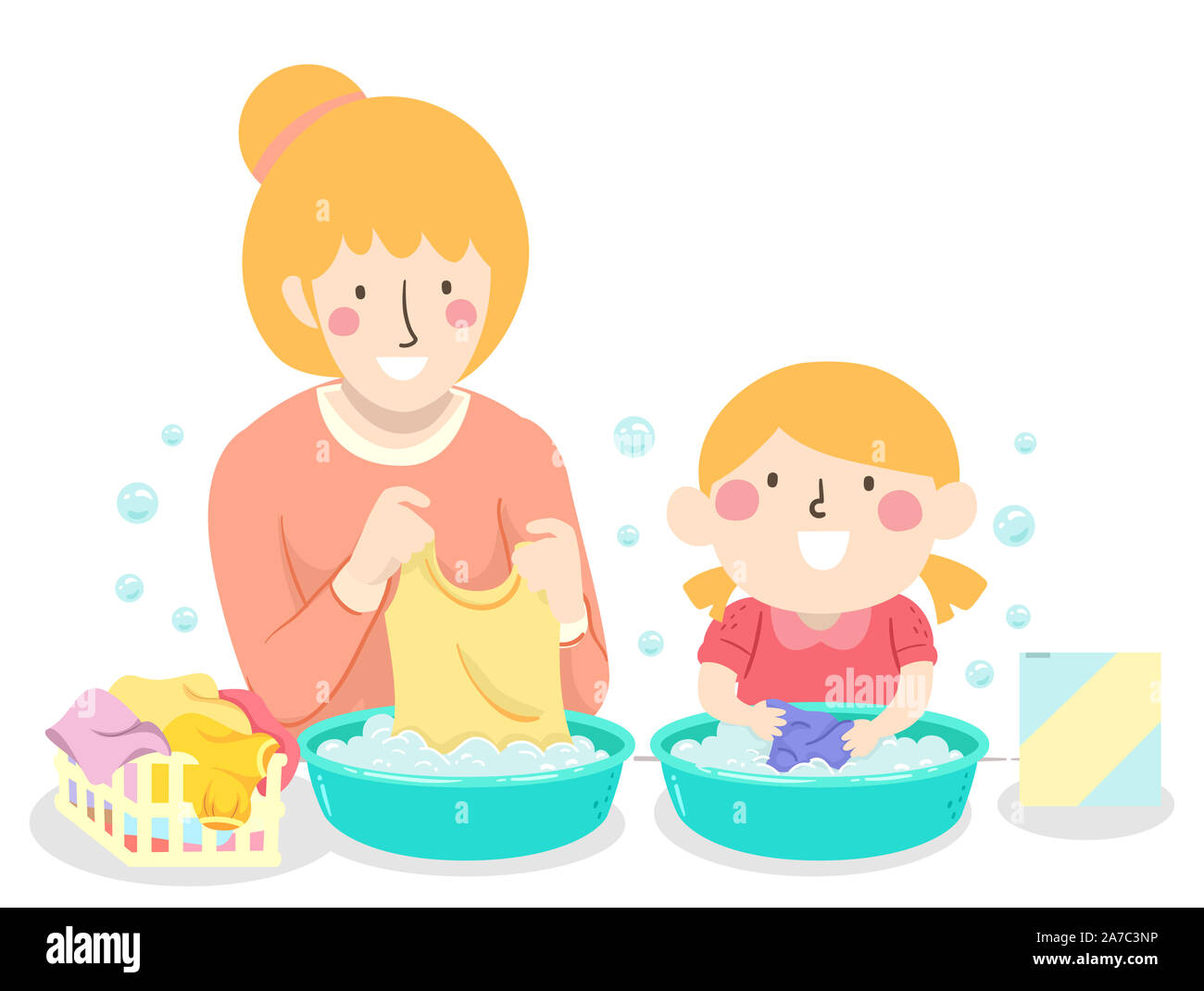 Illustration of a Kid Girl Hand Washing Her Clothes and Doing Laundry with Her Mother Stock Photo