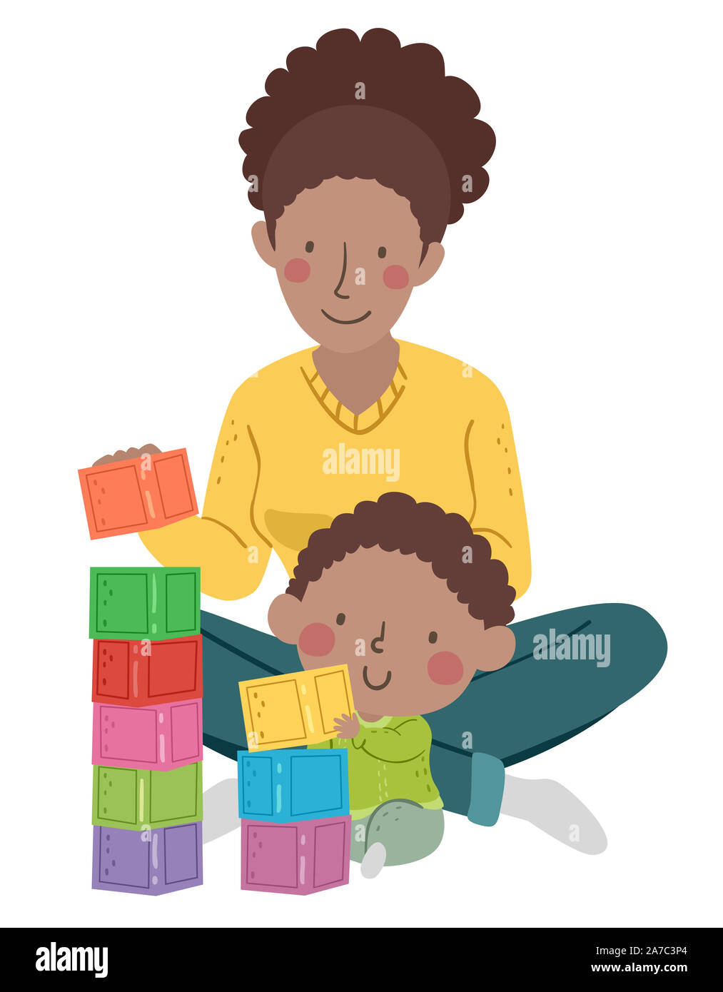 Illustration of a Kid Boy Toddler Stacking Building Blocks with His Mother Stock Photo Alamy