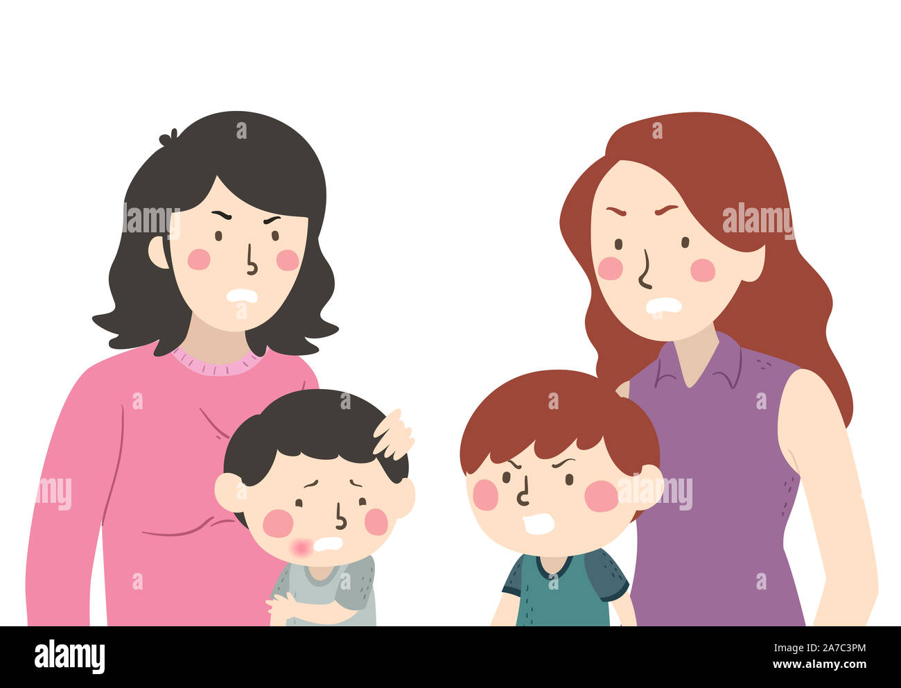 Illustration of Two Kid Boys Fighting with their Mother Stock Photo