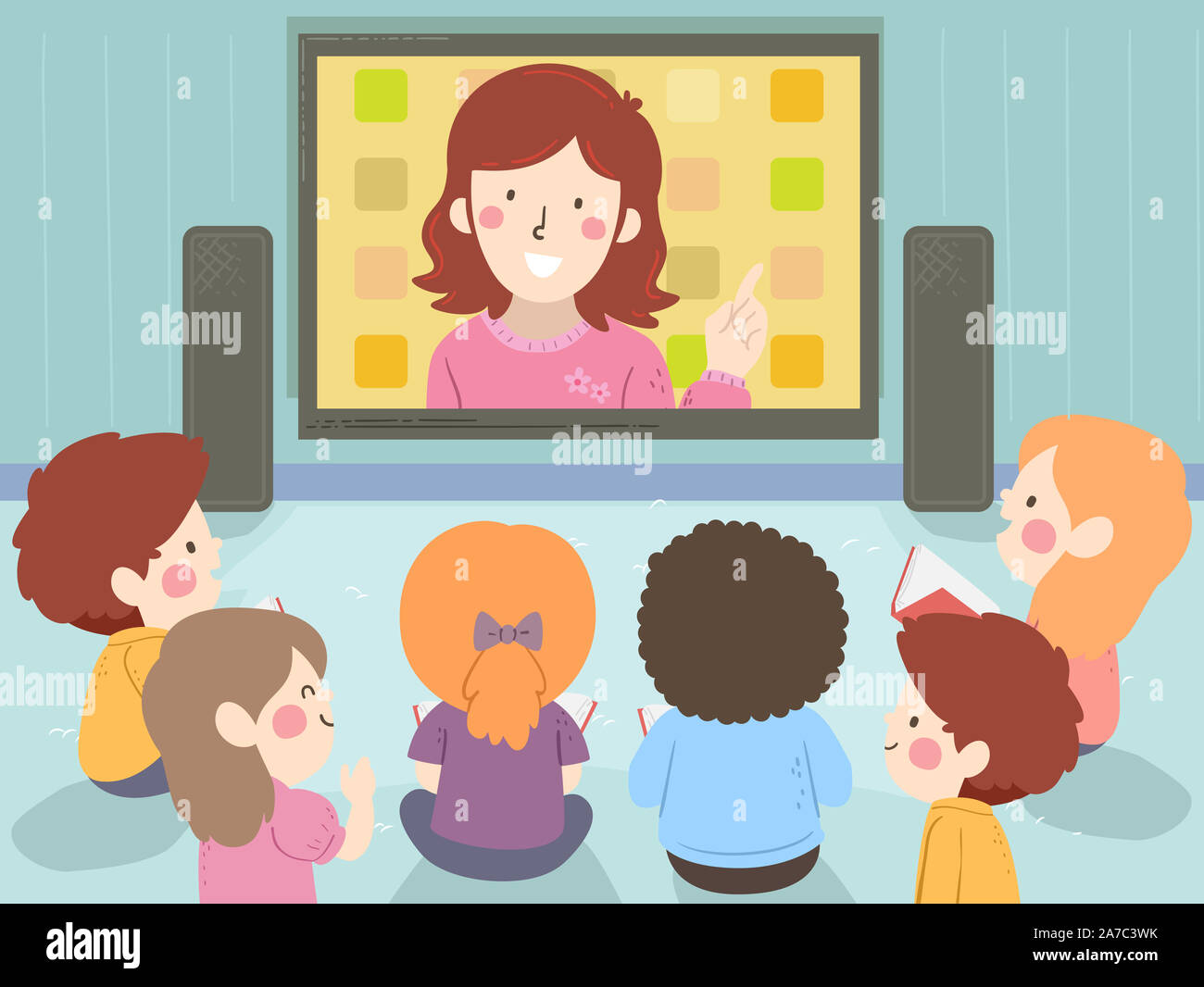 Illustration of Kids Sitting Down Watching the Floor Their Teacher from a Big Television Screen Stock Photo