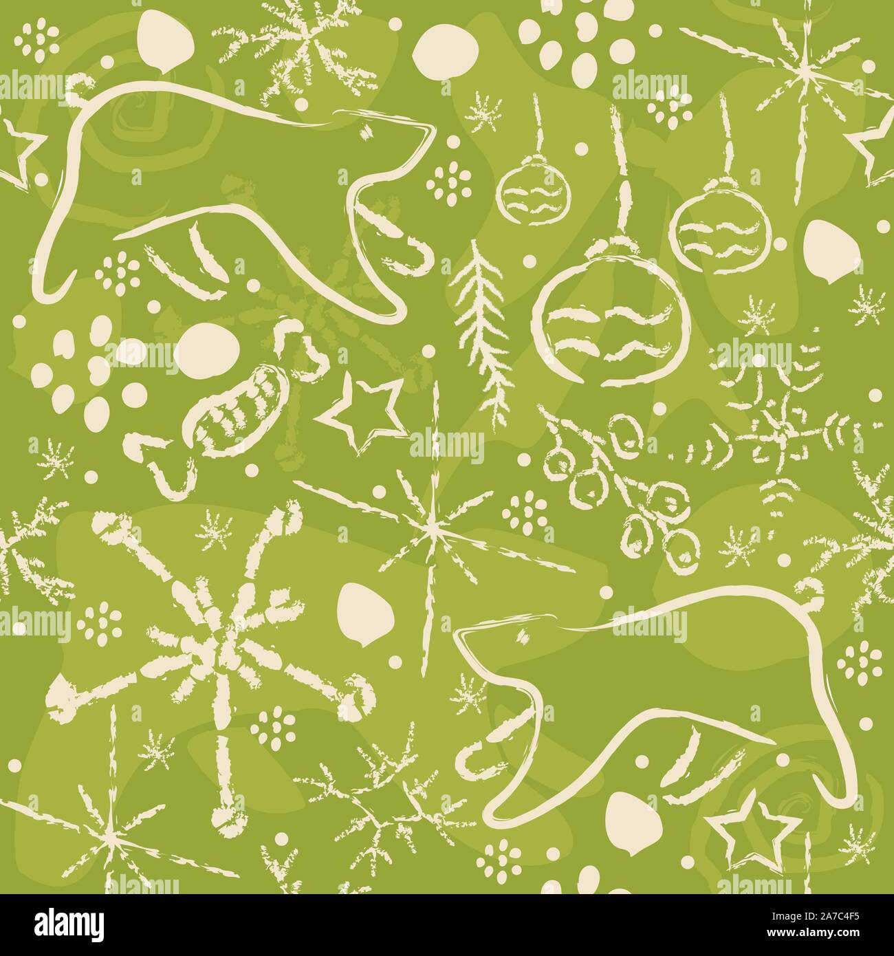Cute Pattern with winter doodles on green background with shades.Great for prints for t-shirts, kitchen utensils(like plates, cups), pillows, blankets Stock Vector