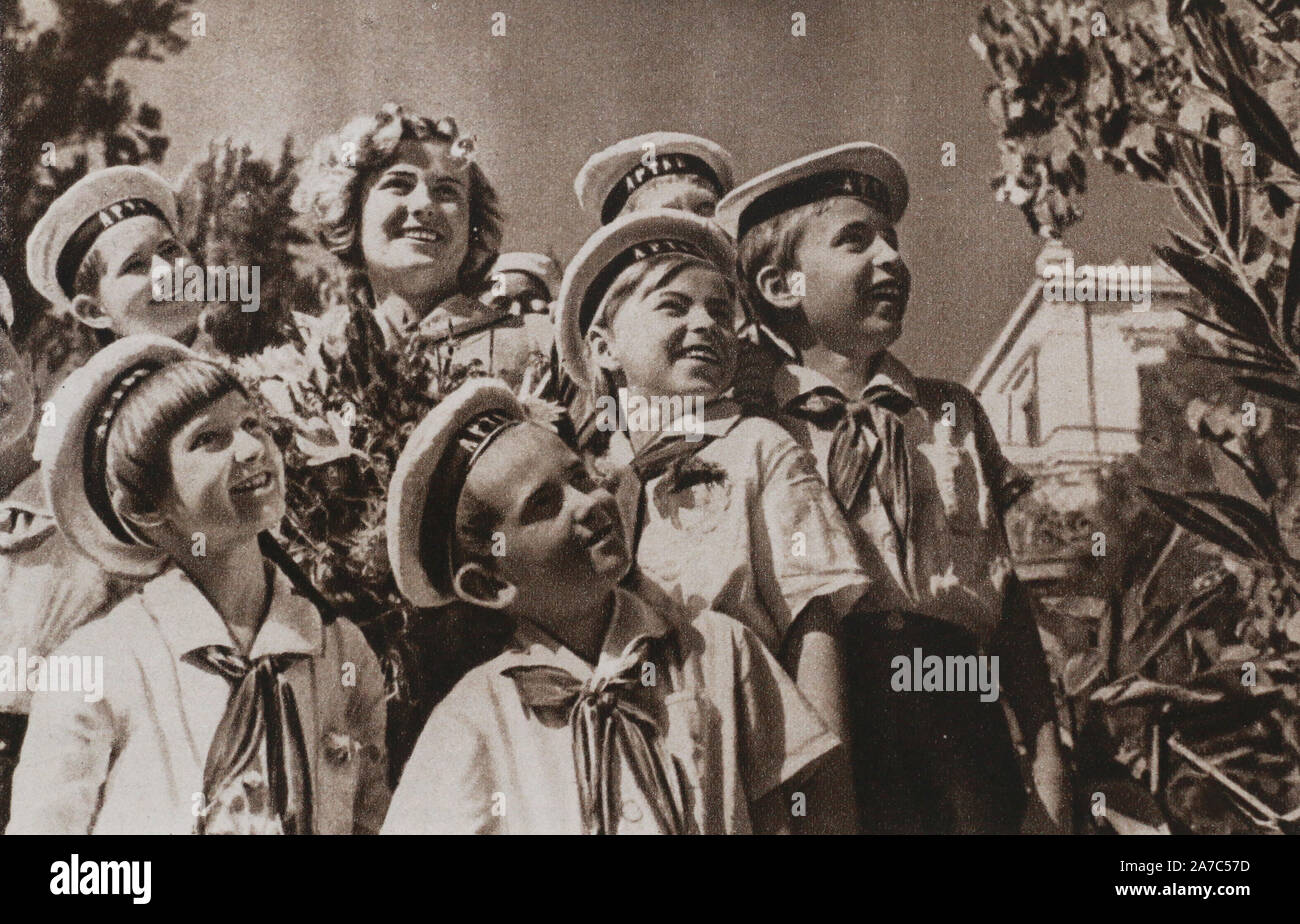 Pioneers in the park at Artek camp (Crimea) in the 1950s. Stock Photo