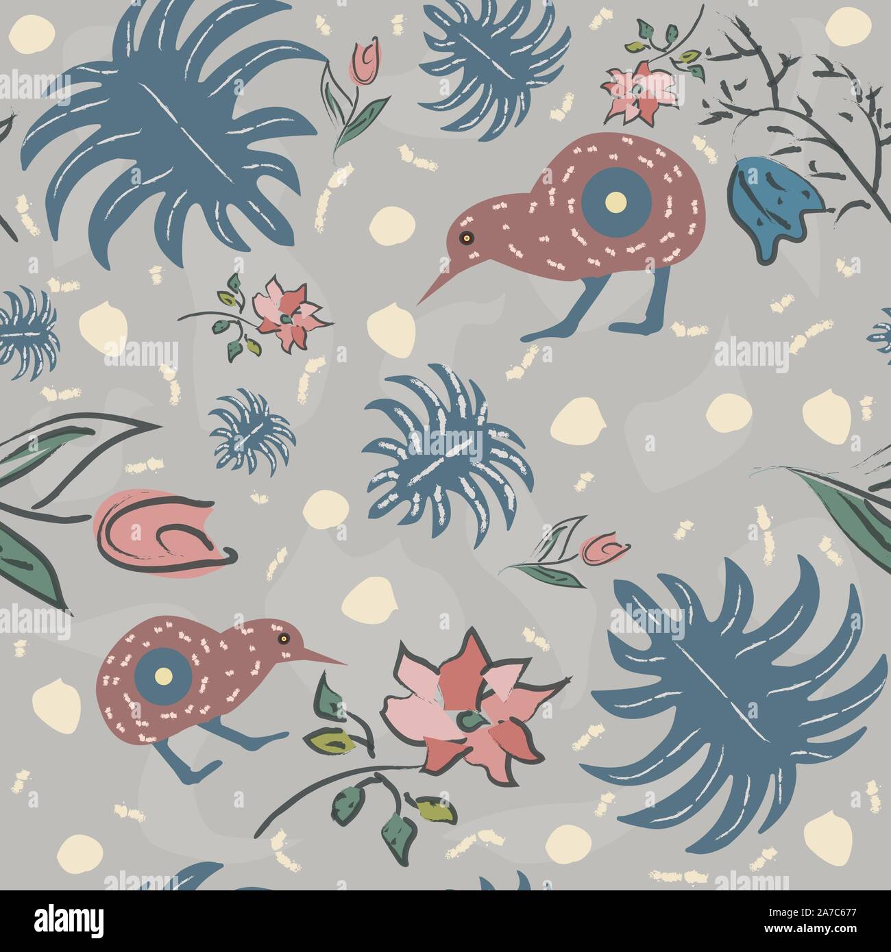 Seamless Pattern with kiwi bird. Vector Illustration Stock Vector