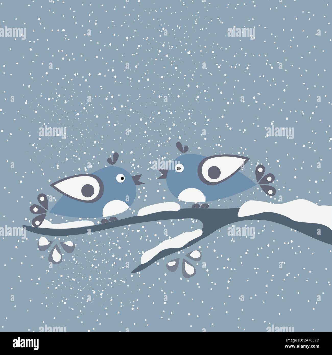 Cute Winter Birds tweeting on a branch of tree covered with snow. First Snow. Vector Illustration Stock Vector