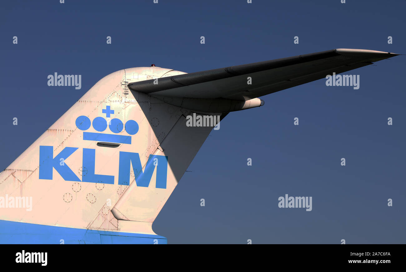 Cargo space of a boeing 747 : Tail of an KLM aircraft in the aviodrome museum Stock Photo
