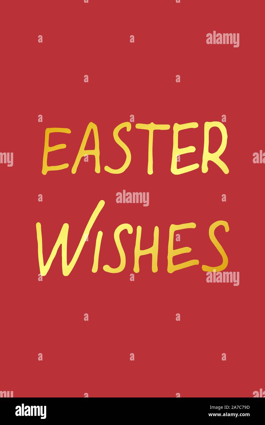 Hand lettering greeting card with phrase Happy Easter in gold color on red background, vector lettering. Stock Vector