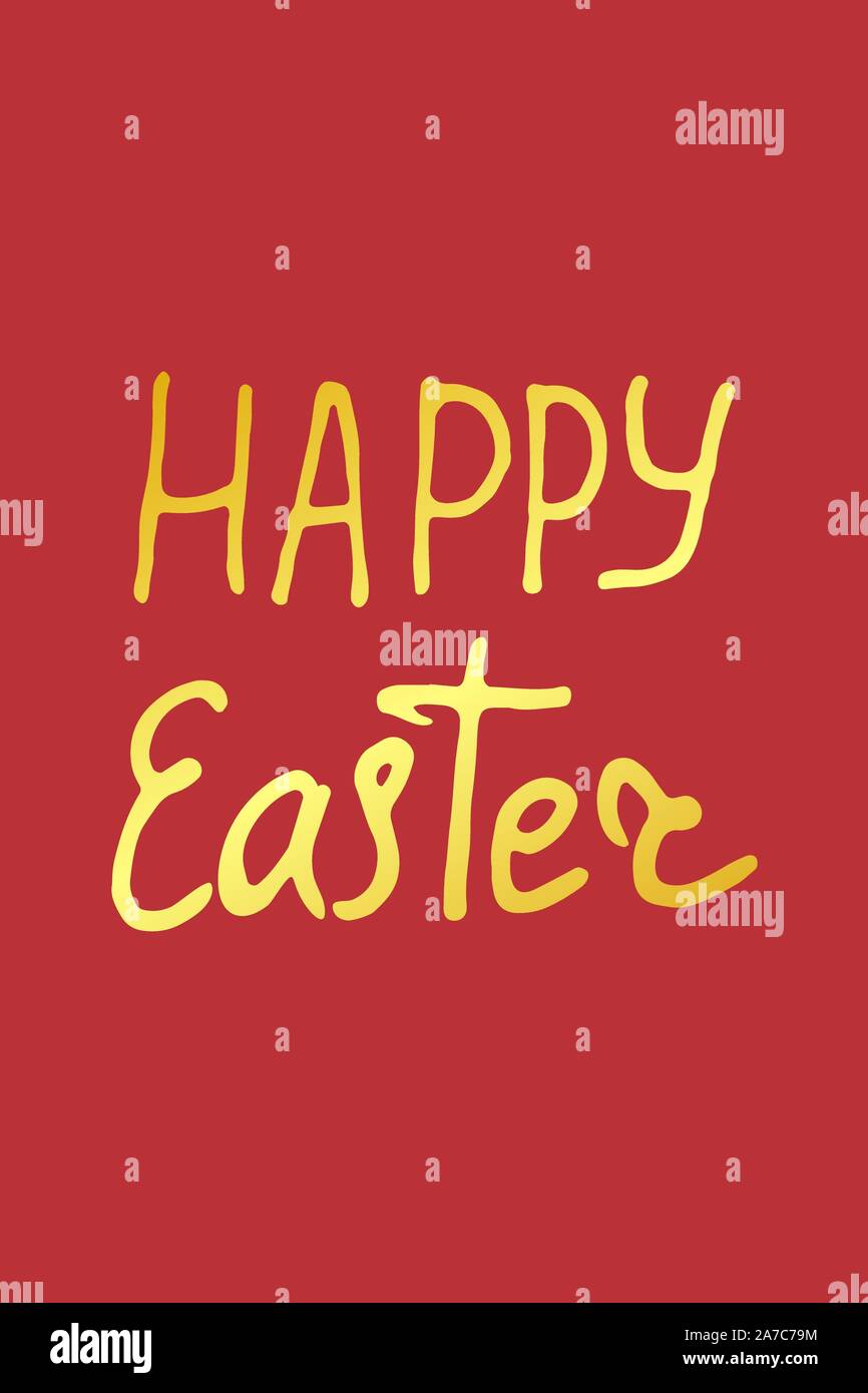 Hand lettering greeting card with phrase Happy Easter in gold color on red background, vector lettering. Stock Vector