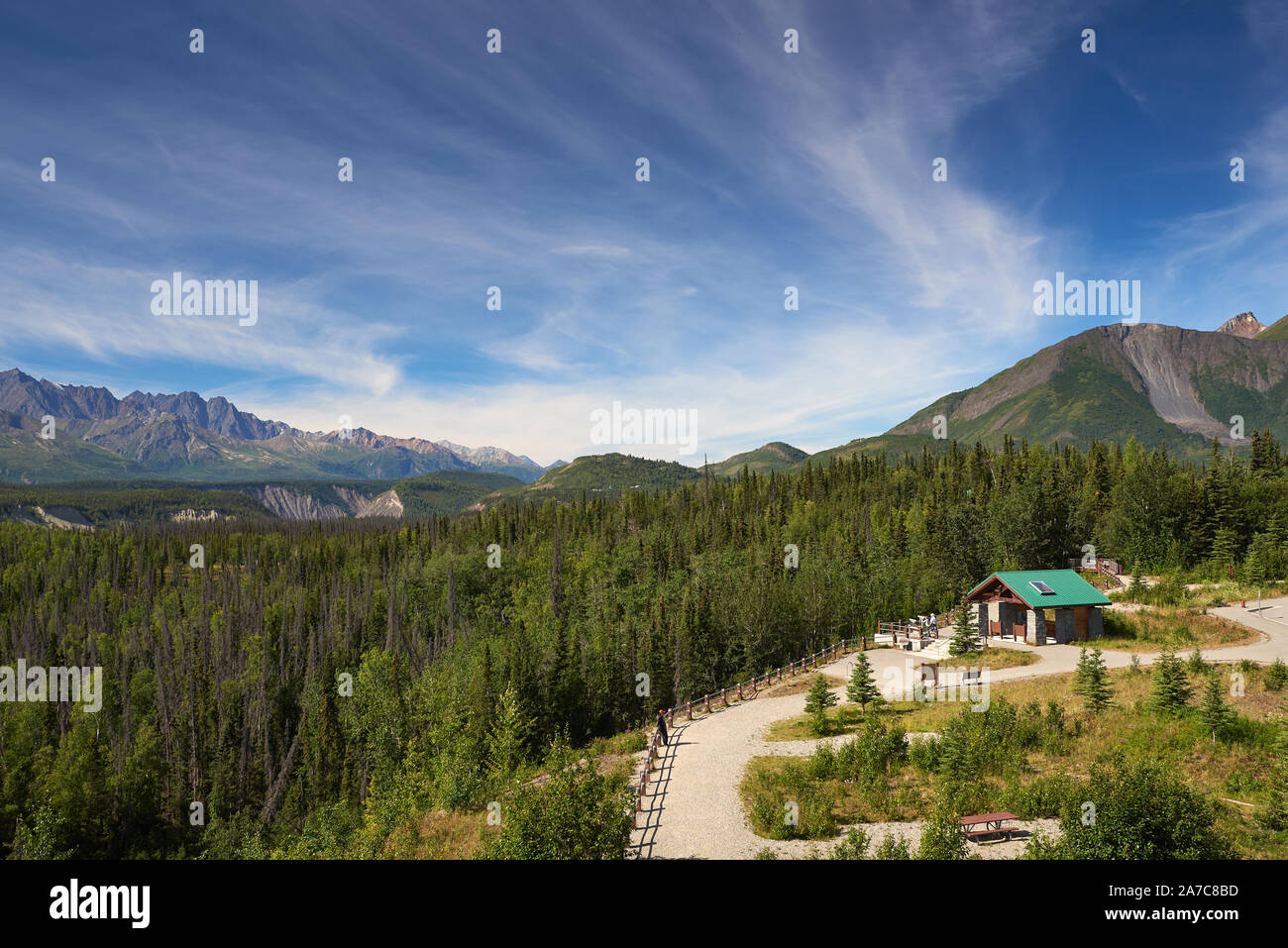 View of Matanuska Glacier State Recreation Site and an observation deck, with the Chugach Mountains in the background. Stock Photo
