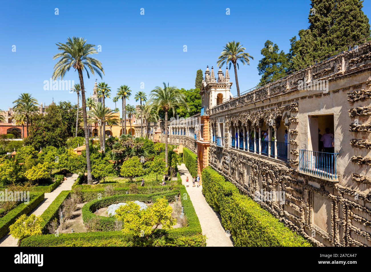 Galería de Grutesco and the Portal of the Privilege in the Gardens of the Real Alcazar palace Seville Spain Seville Andalusia Spain EU Europe Stock Photo