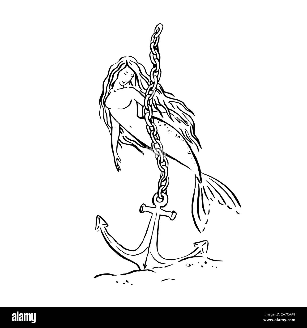 Download Vector Mermaid Illustration Black Isolated On White Coloring Page Or Fairy Tale Illustration Mermaid Swimming Around Anchor With Chain Stock Vector Image Art Alamy