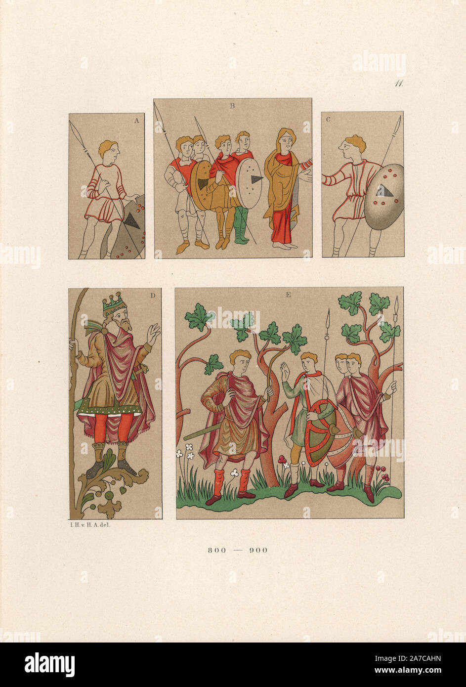 Figures from a handwritten parchment known as The Wessobrunn Prayer in Munich library (top), and figures from a painting on parchment known as the Golden Psalter of St. Gall. Chromolithograph from Hefner-Alteneck's 'Costumes, Artworks and Appliances from the Middle Ages to the 17th Century,' Frankfurt, 1879. Illustration by Dr. Jakob Heinrich von Hefner-Alteneck, lithographed by Joh. Klipphahn, and published by Heinrich Keller. Dr. Hefner-Alteneck (1811 - 1903) was a German museum curator, archaeologist, art historian, illustrator and etcher. Stock Photo