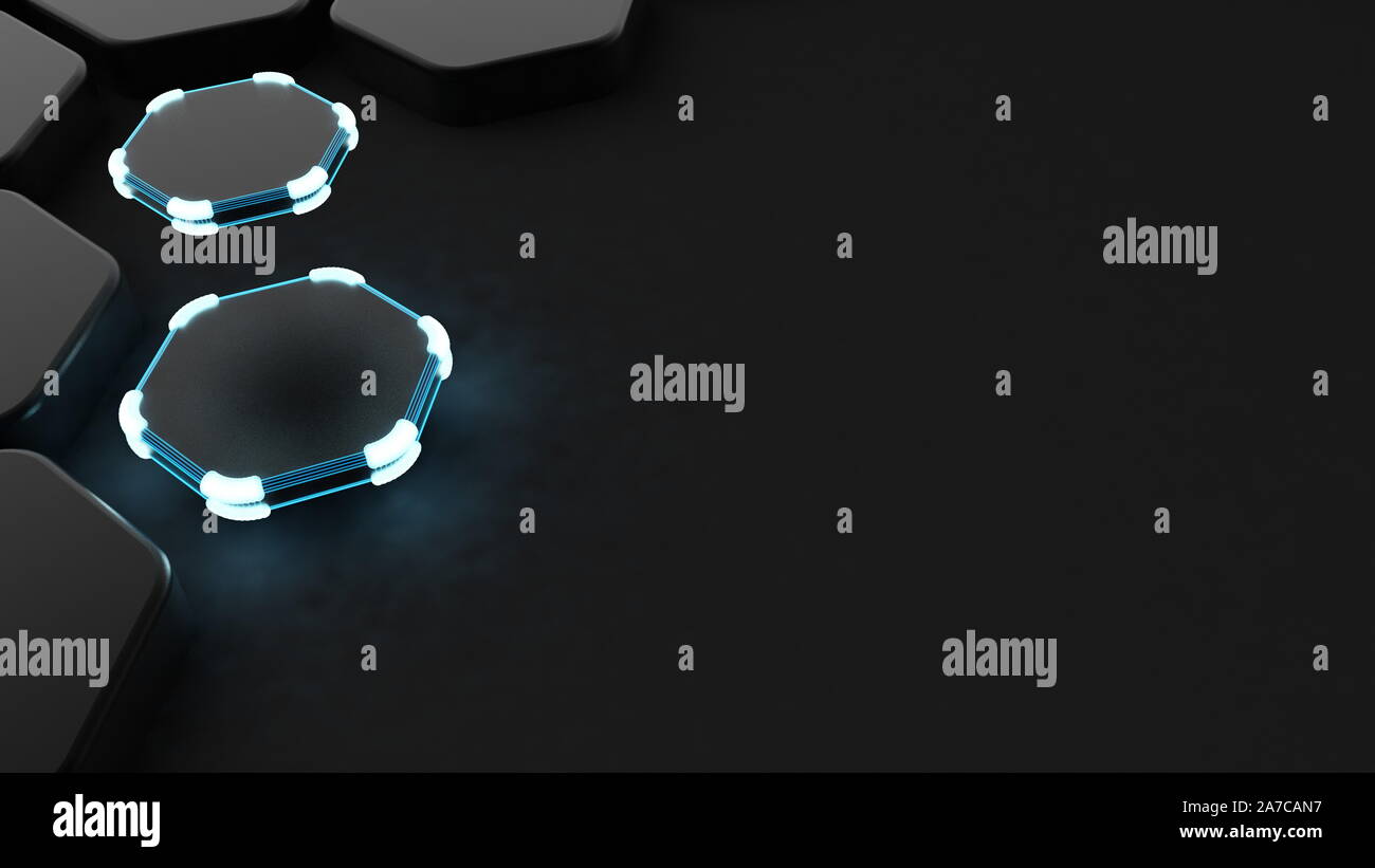 Black abstract background with hexagons and glow. 3d rendering, 3d ...