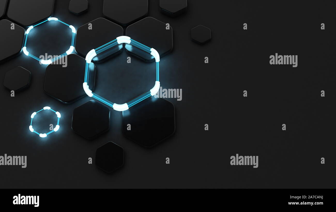 Black abstract background with hexagons and glow. 3d rendering, 3d ...