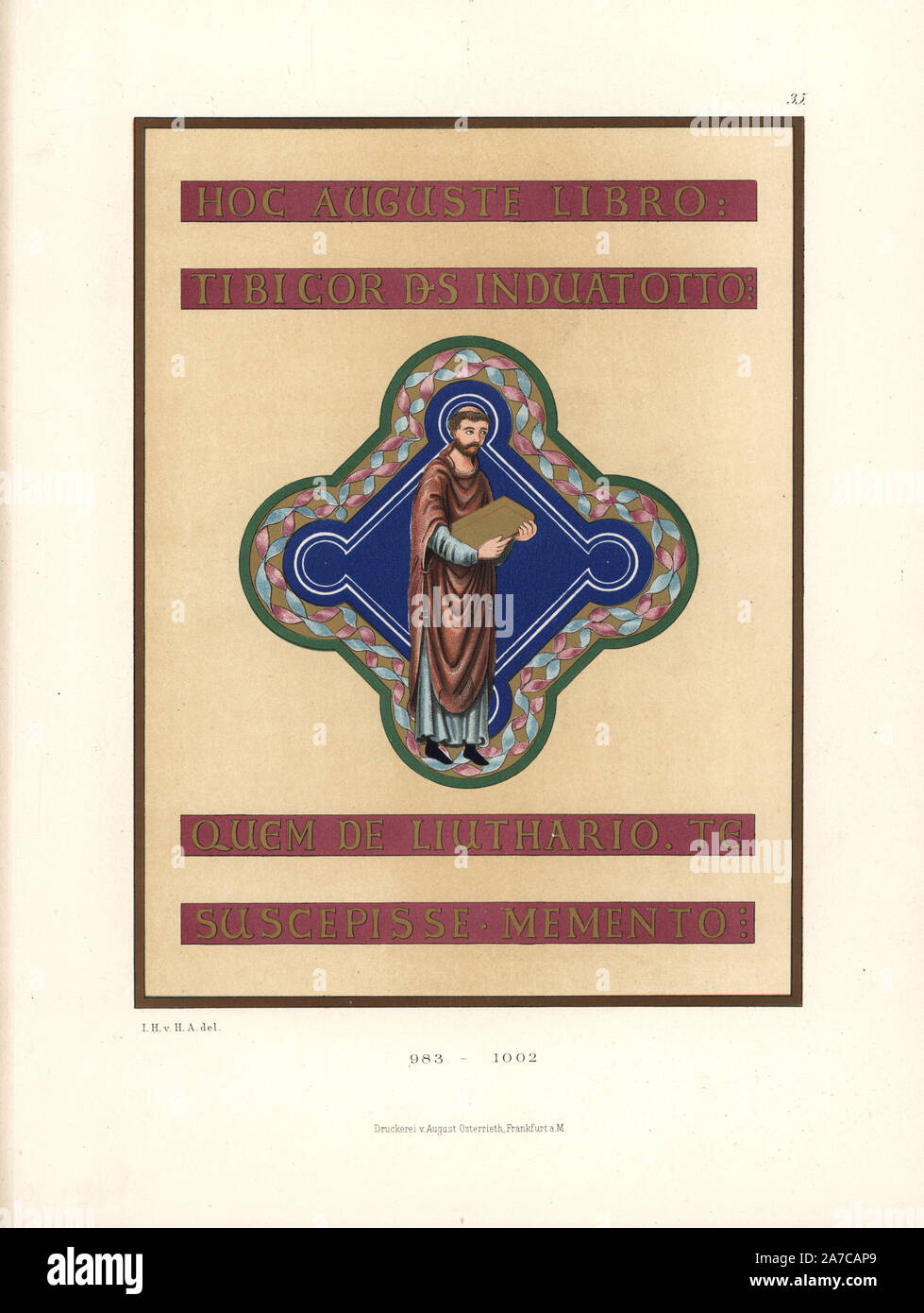 Title page from a book of gospels given by Otto III to Aachen cathedral, illuminated by the monk Liuthard. 'May God, clothe thy heart, emperor Otto, with this book; Forget not that you received it from Liuthard.' Chromolithograph from Hefner-Alteneck's 'Costumes, Artworks and Appliances from the Middle Ages to the 17th Century,' Frankfurt, 1879. Illustration by Dr. Jakob Heinrich von Hefner-Alteneck and published by Heinrich Keller. Hefner-Alteneck (1811 - 1903) was a German museum curator, archaeologist, art historian, illustrator and etcher. Stock Photo
