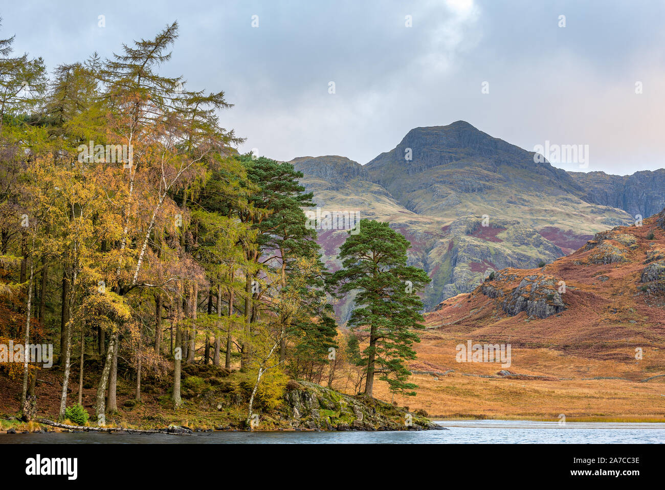 Beautiful and moody morning fall light at Blea Tarn in the English Lake District with views of the Langdale Pikes, and Side Pike during autumn. Stock Photo