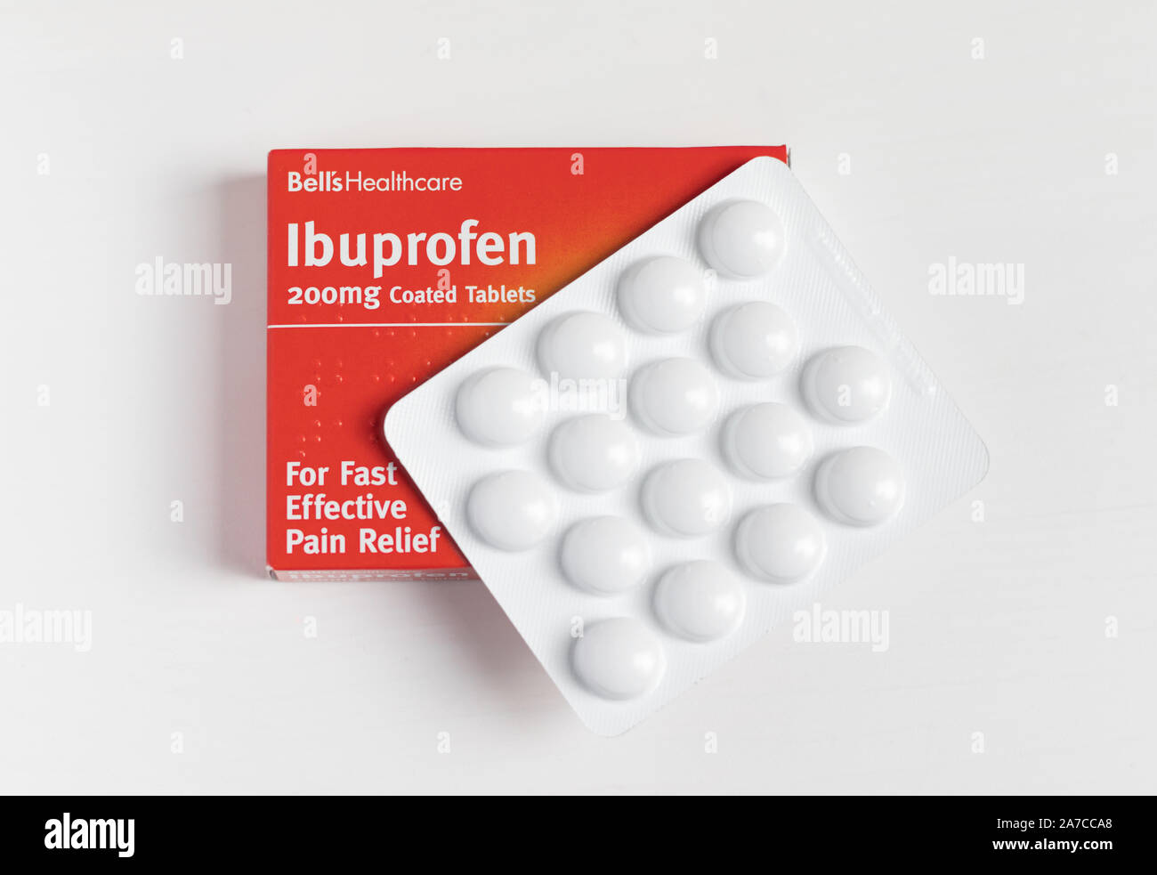 London / UK - October 30th 2019 - Packet of Ibuprofen painkillers, closeup with blister pack of tablets from Bell’s Healthcare Stock Photo