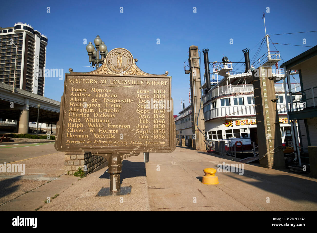 visitors at louisville wharf listed on historical plaque marker in downtown louisville kentucky USA Stock Photo