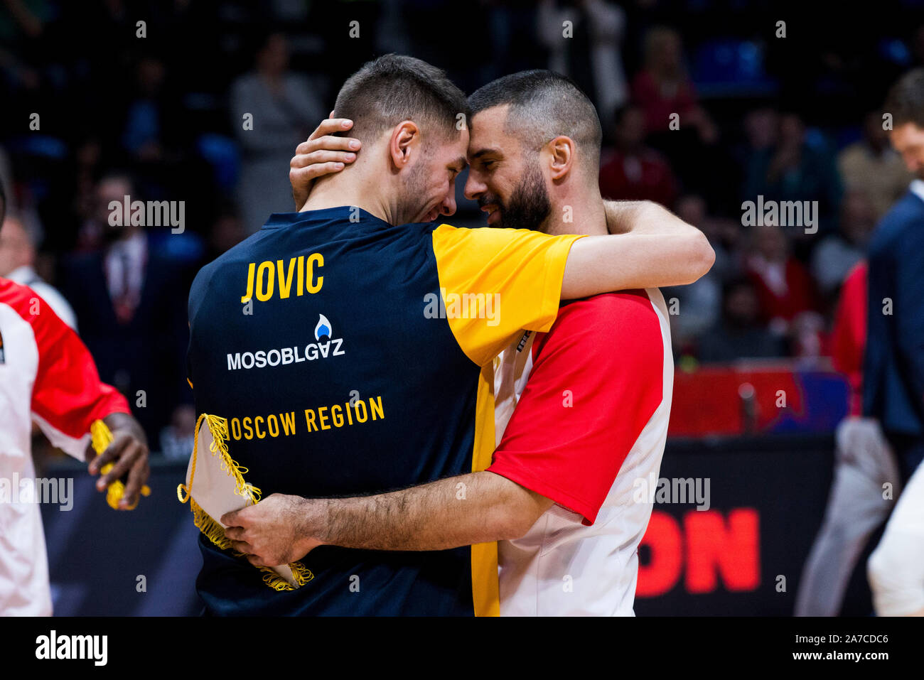 Belgrade, Serbia. 31st Oct, 2019. Branko Lazic of Crvena Zvezda mts Belgrade hugs his national team mates Stefan Jovic of Khimki Moscow Region. Credit: Nikola Krstic/Alamy Live News Stock Photo