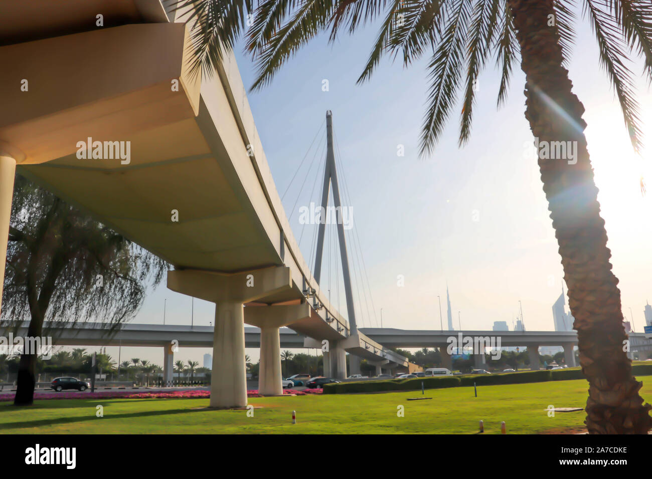 Dubai, UAE December 25/2018 Modern bridge. United arab emirates. Dubai sunset background. Stock Photo