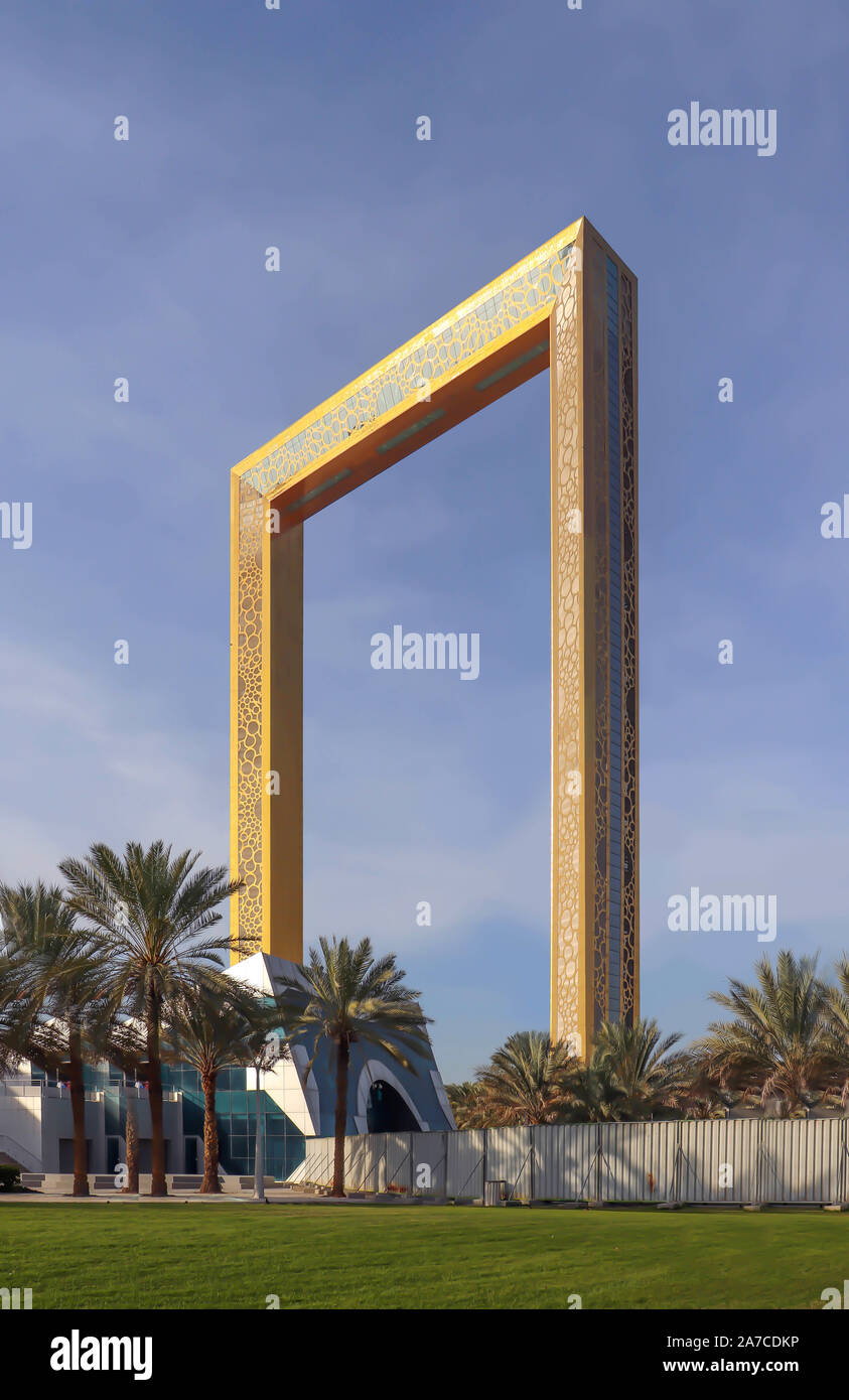 Dubai, UAE December 25/2018 Urbanistic backdrop. UAE. Dubai Frame perspective. United arab emirates famous landmark. Stock Photo