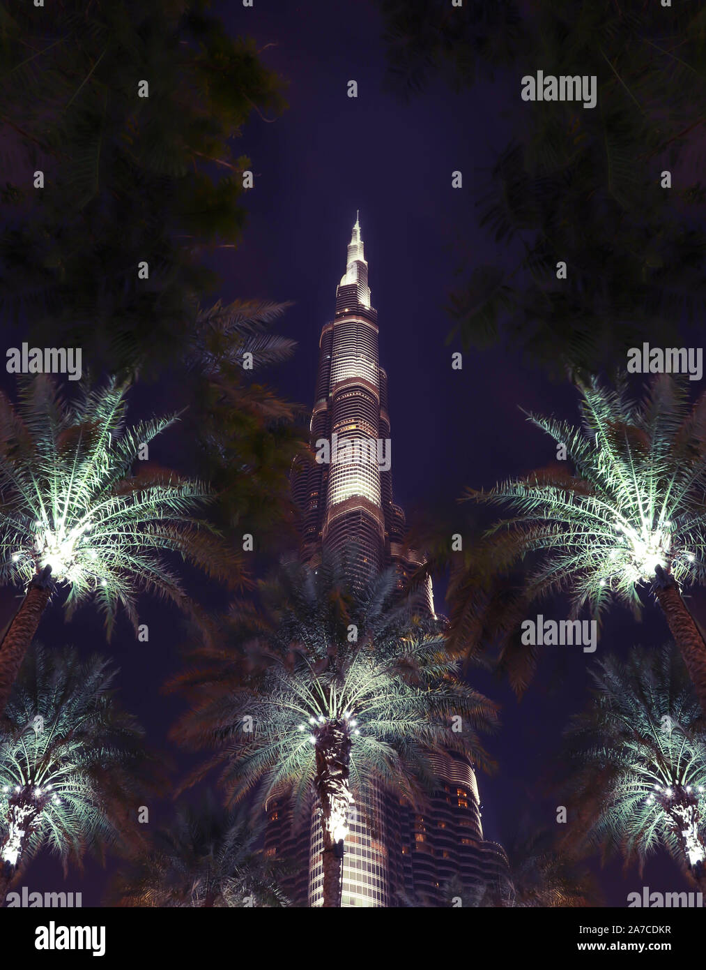 Dubai, UAE December 25/2018 Urbanistic backdrop. Holiday uae night background. Futuristic skyline. United arab emirates night sky. Famous landmark. Stock Photo