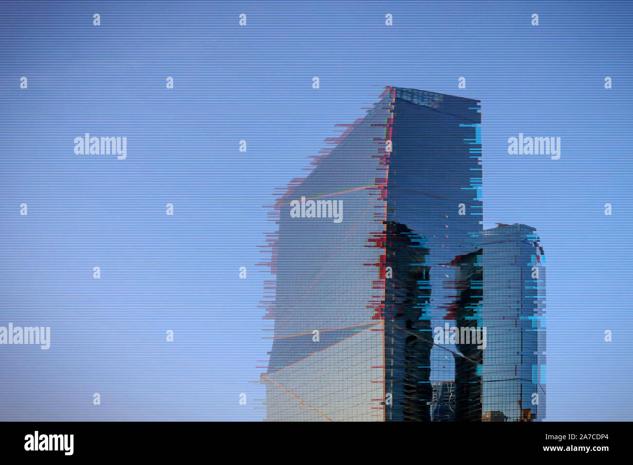 Office glitch building on blue background. Abstract digital background. Glitch city noise texture. Technology background digital glitch effect. Stock Photo