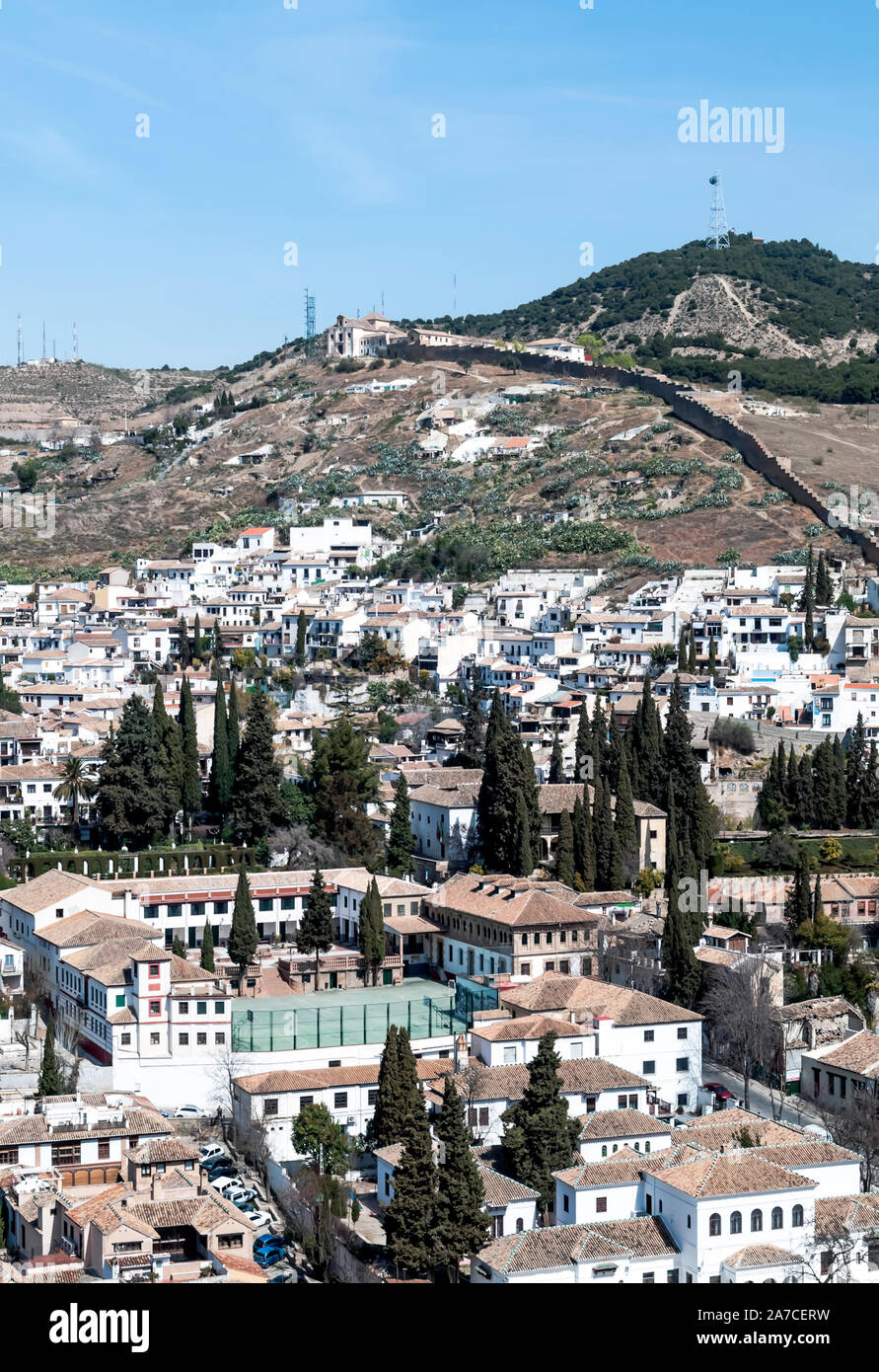 Aerial view of Granada to the river Darro aside surrounded by modern buildings Stock Photo
