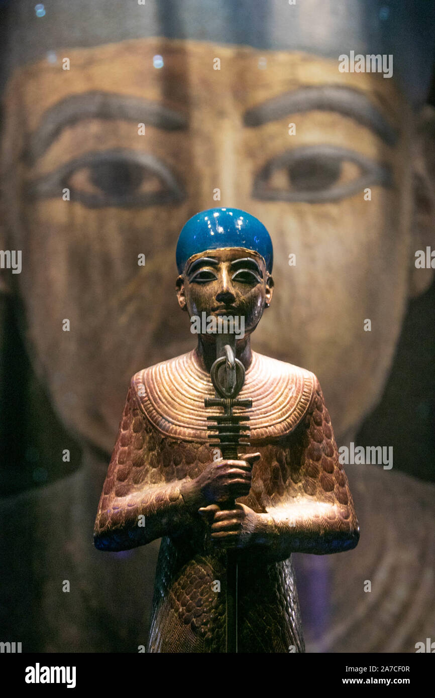 Saatchi Gallery London, UK. 1 November 2019. A golden wooden statue of Ptah at a  preview  featuring the largest collection of 60 of   treasures  and original artifacts from Tutankhamun's tomb ever to leave Egypt. The exhibition at the Saatchi Gallery will run from 2 November until 3 May 2020. amer ghazzal /Alamy live News Stock Photo