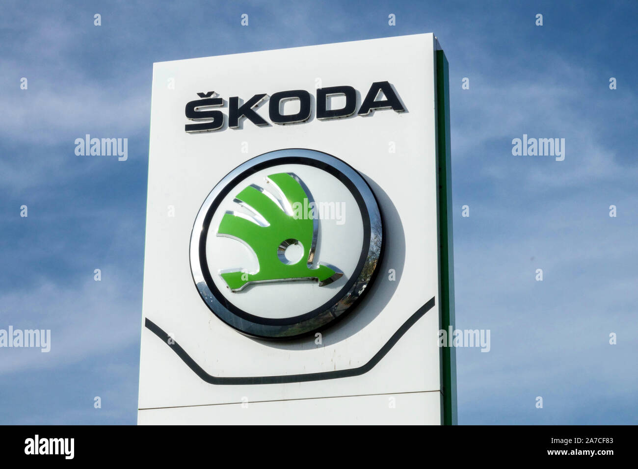 Skoda ad banner against blue sky Stock Photo
