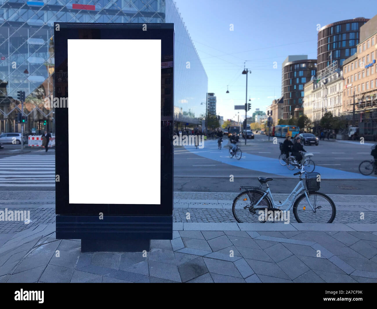 One blank billboard in Copenhagen, walking street Stock Photo