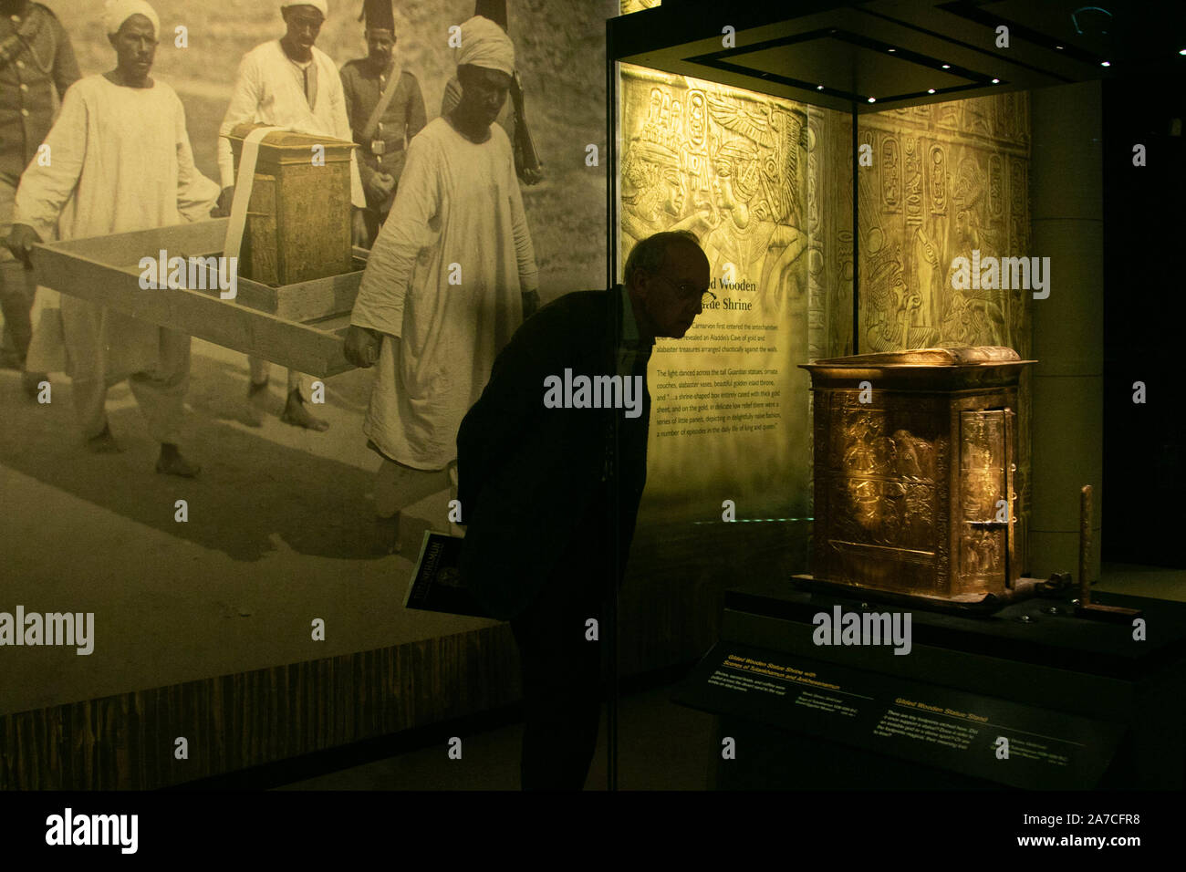 Saatchi Gallery London, UK. 1 November 2019. Gilded Wooden Statue Shrine with scenes of Tutankhamun and Ankhesenamun .   A preview  featuring the largest collection of 60 of   treasures  and original artifacts from Tutankhamun's tomb ever to leave Egypt. The exhibition at the Saatchi Gallery will run from 2 November until 3 May 2020. amer ghazzal /Alamy live News Stock Photo