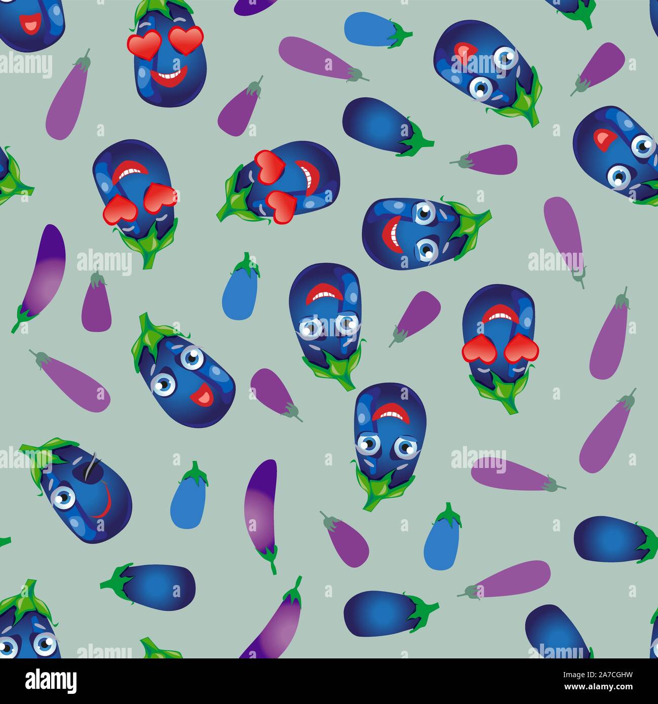 Seamless pattern vegetable eggplant. Funny cute faces character Stock Vector