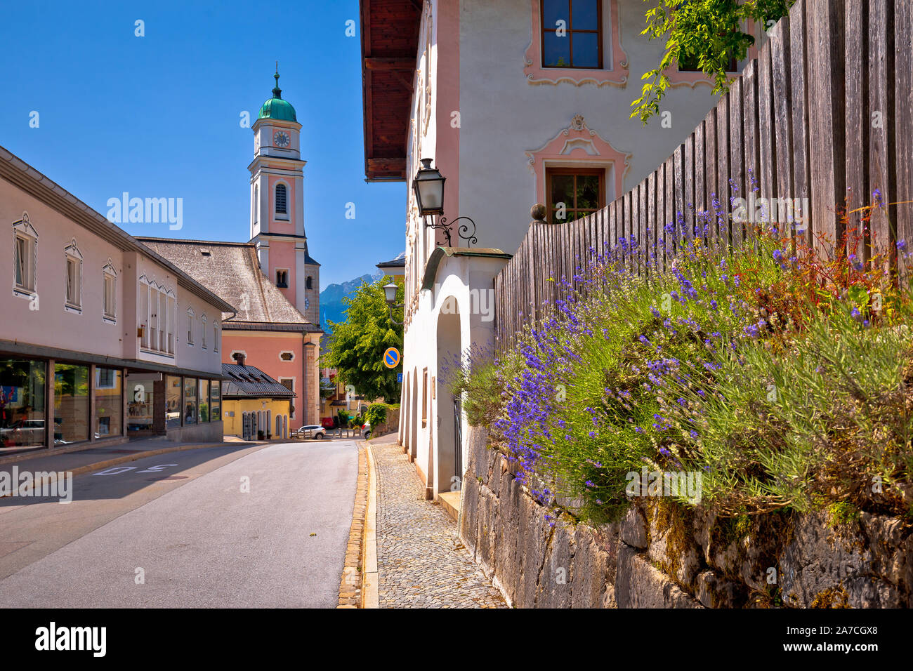 Town of Berchtesgaden church and street view, Bavaria Alps region of Germany Stock Photo