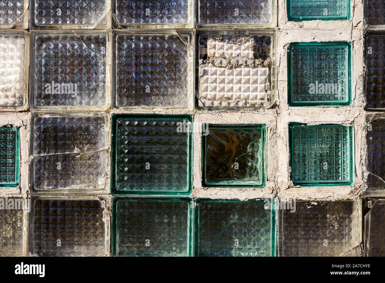 Old glass block wall texture, frosted glass brick wall background Stock