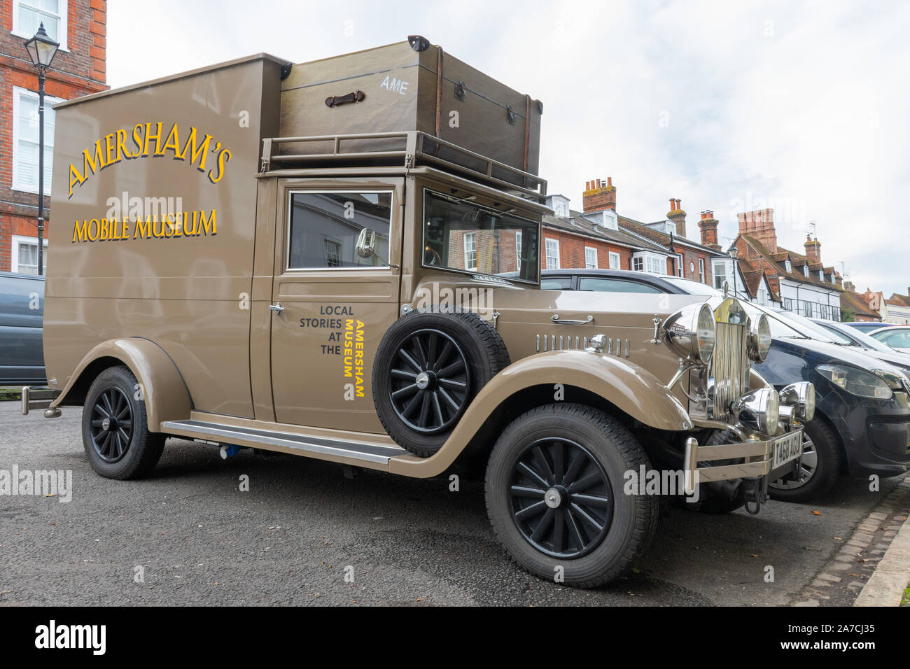 Amersham Mobile Museum vehicle, manufactured by London Taxis International Carbodies, on the high street in Amersham Old Town, Buckinghamshire, UK Stock Photo