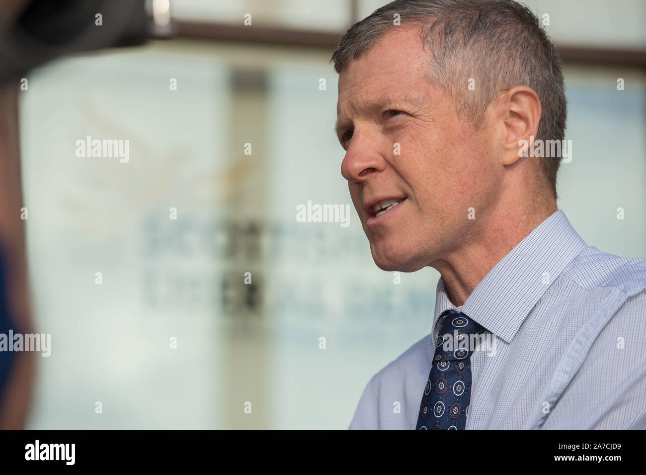Edinburgh, 30 October 2019. Pictured: Willie Rennie MSP - Leader of the Scottish Liberal Democrat Party. Willie Rennie is at Party Headquarters this morning for a photo op to launch their election campaign.  The UK Prime Minister, Boris Johnson called a snap general election on 12th December, and the Scottish Liberal Democrats along with the UK Liberal Democrats are looking to take over and stop Brexit. Credit: Colin Fisher/Alamy Live News Stock Photo