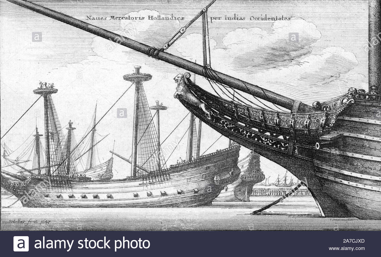 Dutch West Indiaman merchant sailing ship, etching by Bohemian etcher Wenceslaus Hollar from 1600s Stock Photo