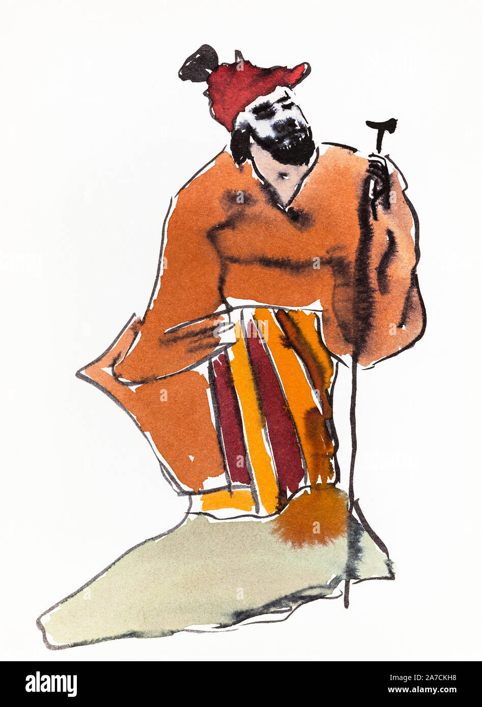 old chinese landowner hand drawn in sumi-e style by watercolors ink on white paper Stock Photo